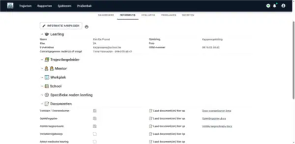 Schermafbeelding TrajectX: administratie van een traject