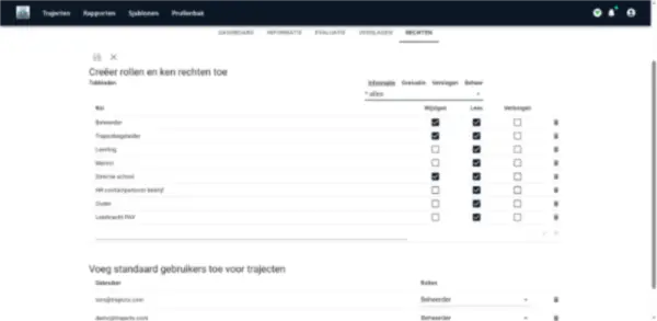 Schermafbeelding TrajectX: rollen en rechten